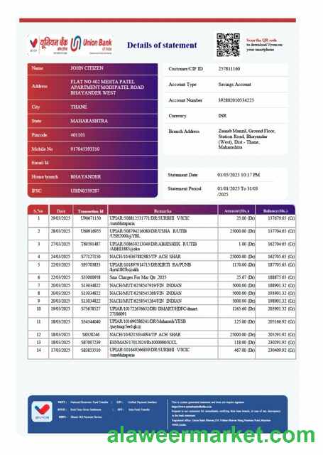 India Union Bank of India account statement Word and PDF template, version 3